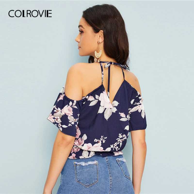 COLROVIE темно-синяя блузка с цветочным принтом и открытыми плечами, женская блузка, короткий топ, летние женские блузки для отпуска