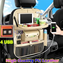 (4 USB) organizador do Banco Traseiro Do Carro de Multi Bolso de Couro de alta Qualidade Assento de Carro de Volta Saco Organizador Da Viagem de Carro com a Bandeja para Crianças