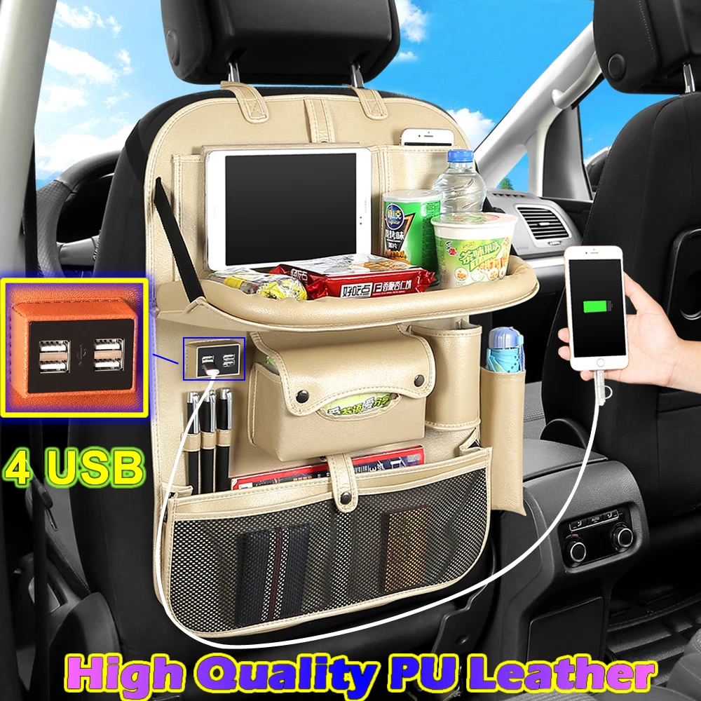 4 Usb 高品質の革車リアオーガナイザーマルチポケット車のシートバックバッグ車トラベルオーガナイザーバッグ子供用トレイ Stowing Tidying Aliexpress
