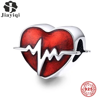

Jiayiqi Red Heartbeat 100% 925 Sterling Silver Beads Charms For DIY Bracelets Necklace Women Luxury Jewelry Valentine'S Day Gift