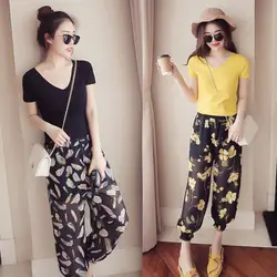 Комплект из 2 предметов, женский комплект одежды, повседневные однотонные футболки с коротким рукавом + шифоновые шаровары с цветочным
