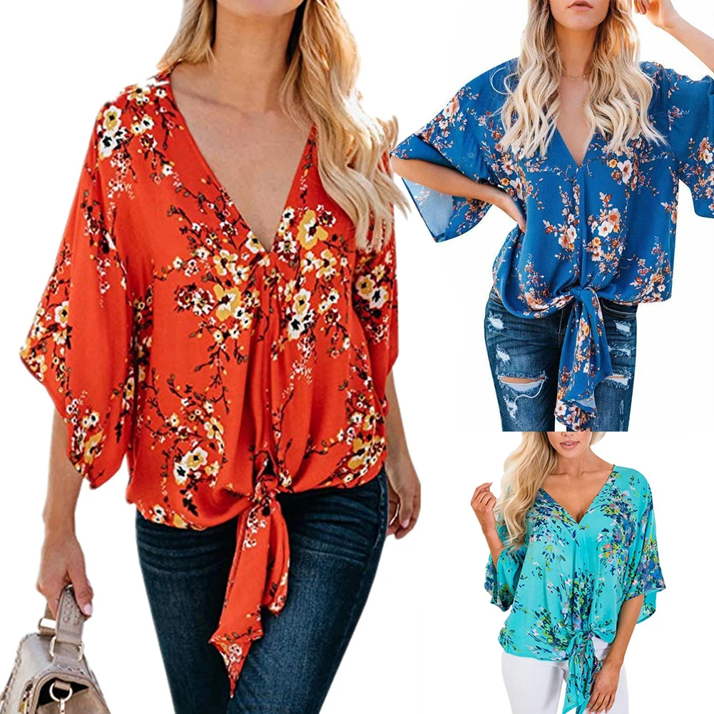 Women Floral Printed Blouse Female Tie Knot Soft Daily Tops Batwing Sleeve V Neck Top Elegant Summer Loose Chiffon Dating Autumn