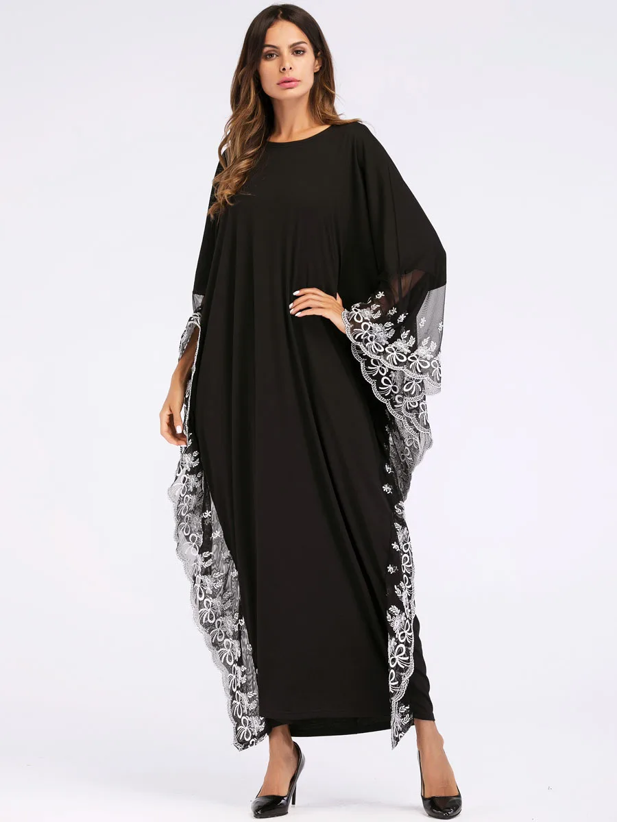 Женский, черный мусульманских Абаи платье лоскутное вышивка плюс Размеры Marokkaanse стиль zomer майка с круглым вырезом рукав "летучая мышь"