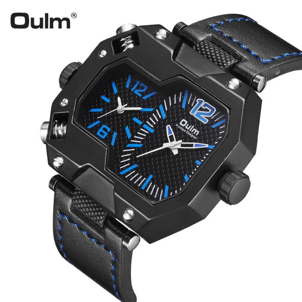 

OULM Military Quartz Watch Men 2 Time Zone Display Big Size Creative Rectangle Design Vintage Sports Top Brand Luxury Wristwatch
