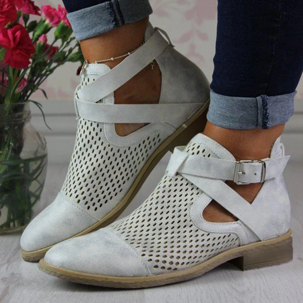 

2019 Women's Boots Rivet Hollow Out Buckle Ankle Roman Short Chunky Heel ankle boots heels woman Roman Shoes DROPSHIPPING