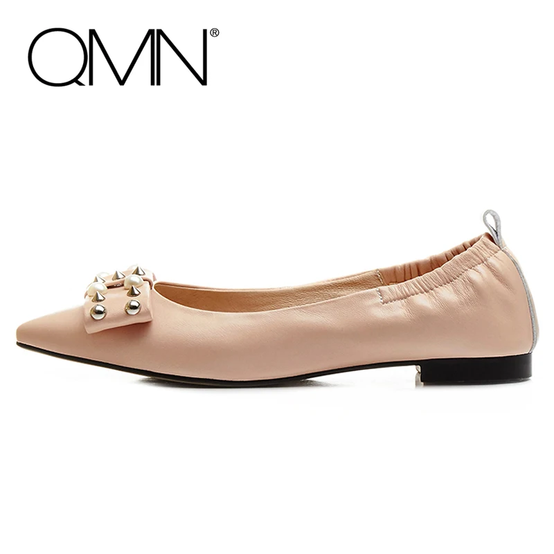 QMN women genuine leather ballet flats Women Studded Faux Pearl Embellished Slip On Leisure Shoes Woman Sheepskin Flats 34-39