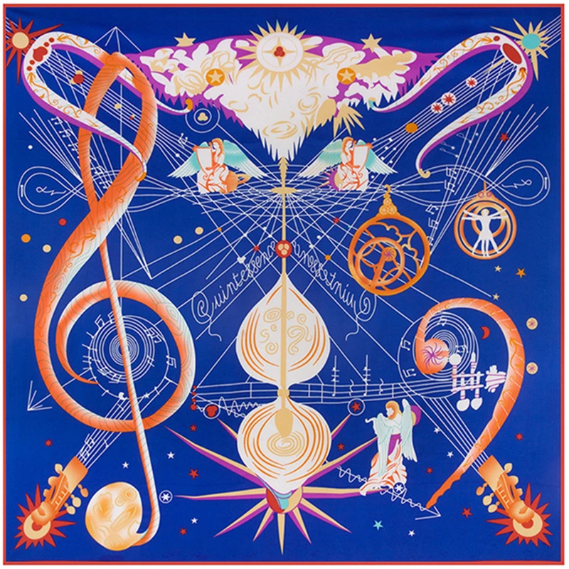 

100% Silk Scarf Women Euro Angel Notes Print Stoles Square Bandana Large Shawl Warps Luxury Brand Kerchief Scarf Female Foulard