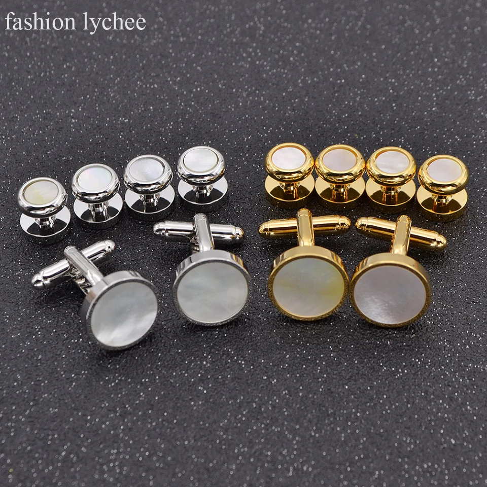 fashion lychee 6 Pcs Silver Shell Tuxxman Tuxedo Cufflinks Shirt Studs