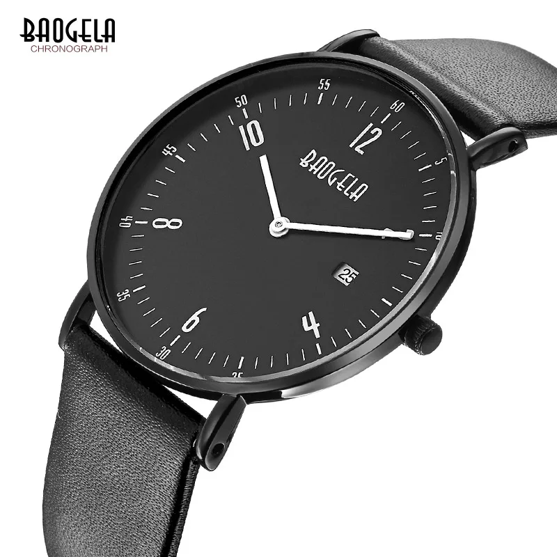 

BAOGELA Top Brand Luxury Quartz Watch Casual Men Black Quartz-Watch Genuine Soft Leather Ultra Thin Clock Male New 1610
