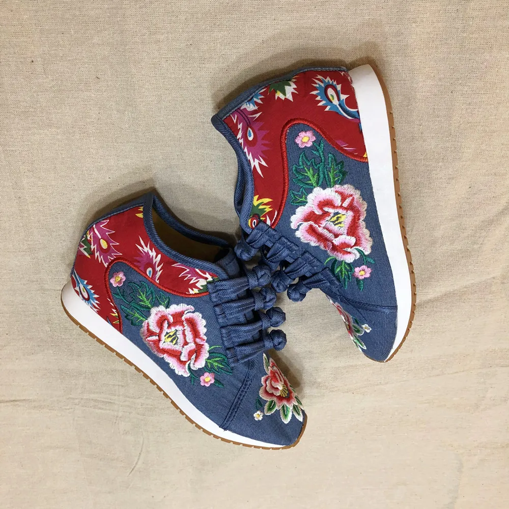 US $14.95 Veowalk New Spring Womens Flower Embroidered Flat Platform Shoes Chinese Ladies Casual Comfort Denim Fabric Sneakers Shoes