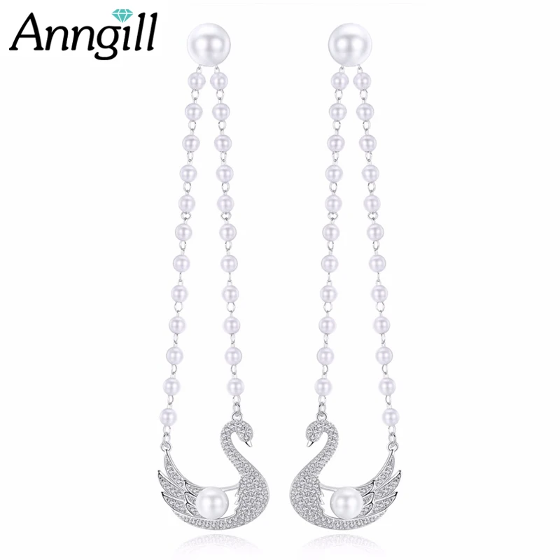 

Trendy Swan Dangle Earrings Female Two Wearing CZ Stone Imitation Pearl Long Drop Earring For Women Valentine'S Day Present