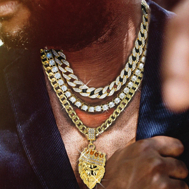 

Hip Hop Choker 18" Full Iced Cuban & 1 Row CZ Crystal Chain & Iced Out Lion head pendant Necklace Combo Set