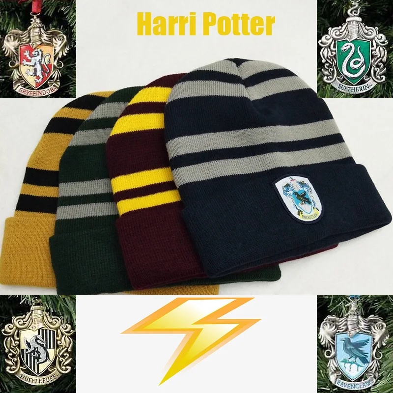 

Harri Potter Autumn Winter Warm Hat Badge Gryffindor Slytherin Hufflepuff Ravenclaw Wool Caps Kids Adult Christmas Gift Cosplay