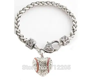 

zinc studded with sparkling crystal BASEBALL heart pendant charm bracelet link chain