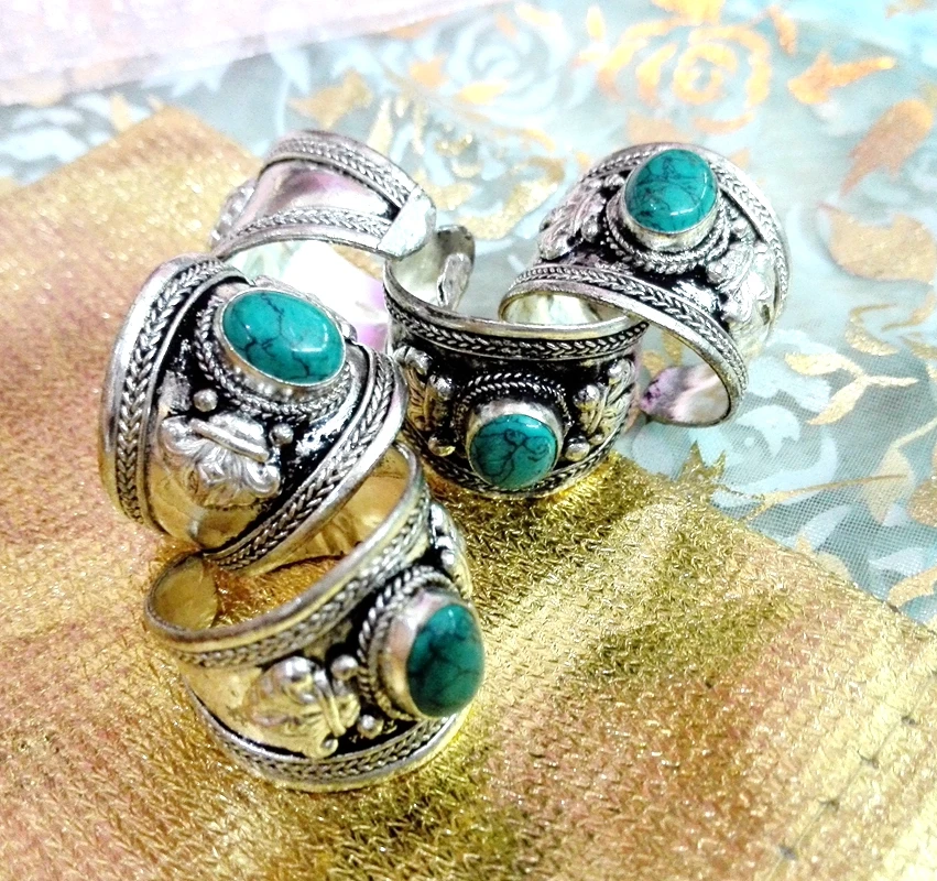 Fashion Jewelry stone Bead Wide Ring Tibet Silver Buddhism Nepal Ring