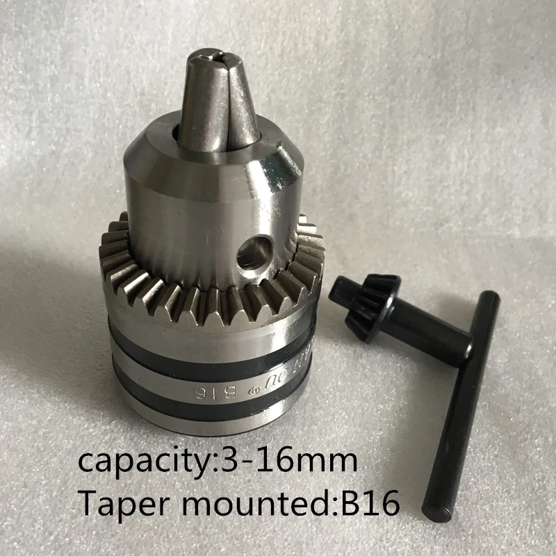 

Keyed 16mm drill chuck B16 Taper mounted power tool drill chuck 3-16 capacity with key good quality