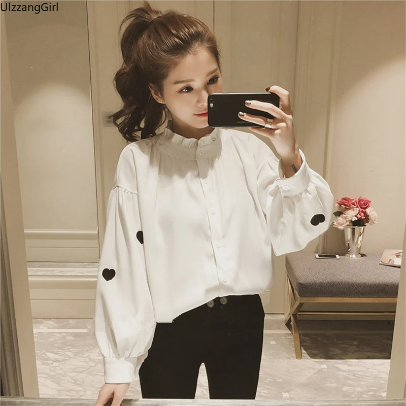 

Plus Size Women Korean Japanese Lolita Embroidery Love Ruffles Turtleneck Kawaii Cute Blouse Lantern Sleeve Shirt Top White 90s