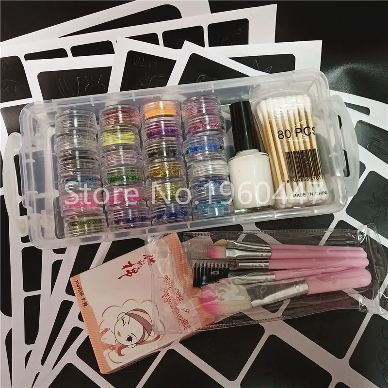 24 Colors Shimmer Powder Glitter Powder 1 Glue 5 Brushes 120 Hollow Template Kit for Temporary Tattoo Kid Face Body Painting Art 24 Colors Shimmer Powder Glitter Powder 1 Glue 5 Brushes 120 Hollow Template Kit for Temporary Tattoo Kid Face Body Painting Art