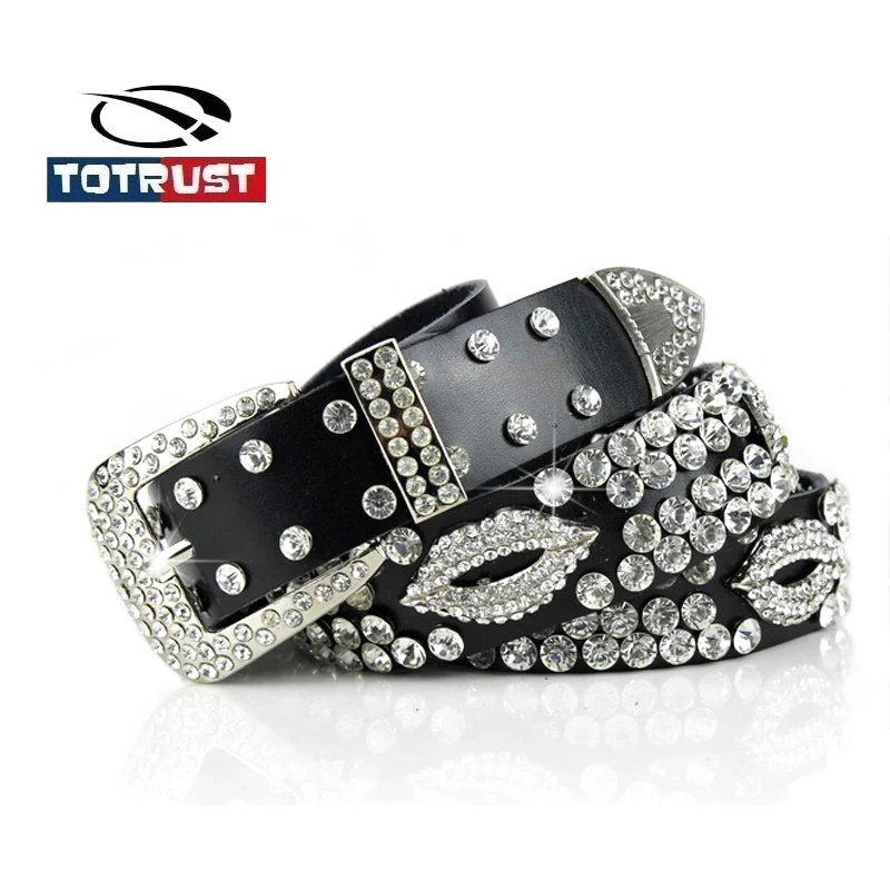 TOTRUST Vintage Lip Shape Diamond Belts for Women Rhinestone Wide Pin