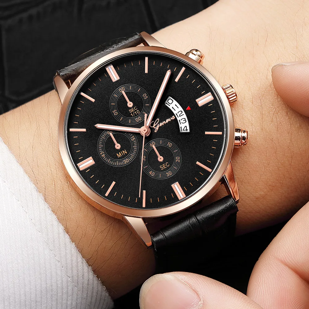 

Geneva Mens Watch Date Stainless Steel Leather Analog Alloy Quartz Wrist Watch erkek kol saati relojes para hombre marca de lujo