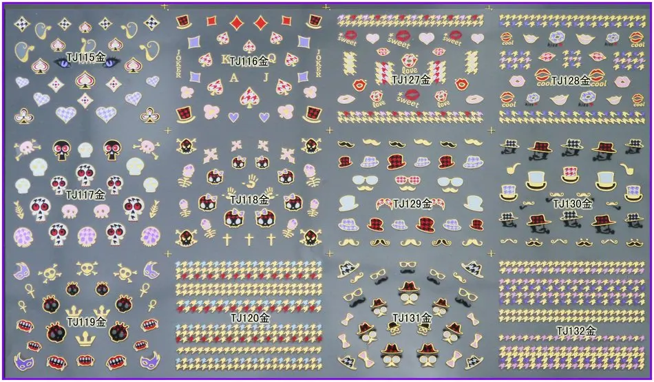 12 листов/Лот Золотой и серебристый INAID 3D металлическая наклейка для ногтей самоклеющаяся наклейка череп колпачок труба покер TJ115-132 - Цвет: TJ115-132 GOLD