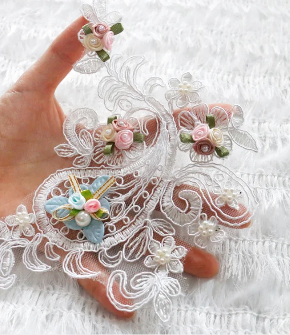 

Exquisite Lace Collar Pink 3D Flower Faux Diamond embellishment Lace Collar costume decorate Sewing Applications Lace Applique