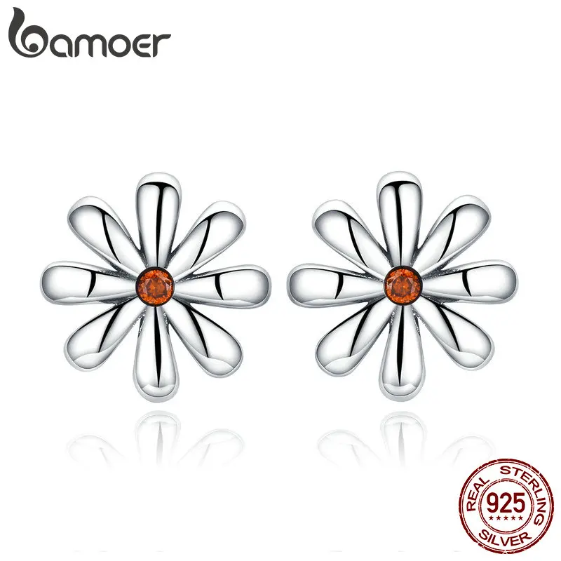 

BAMOER Authentic 925 Sterling Silver Daisy Flower Whisper Stud Earrings for Women Simple Flower Fashion Earrings Jewelry SCE460