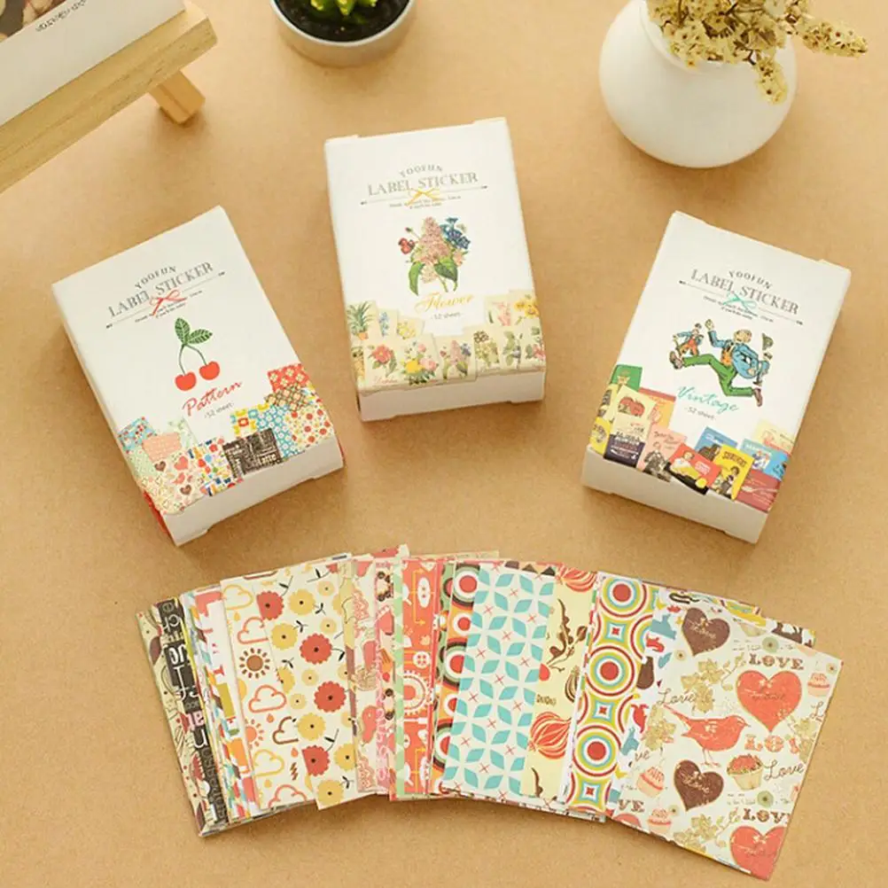 DIY Cartoon Label Sticker Memo Vintage Retro Sticky Paper for Scrapbooking Decoration 52 pcs/bag | Канцтовары для офиса и дома
