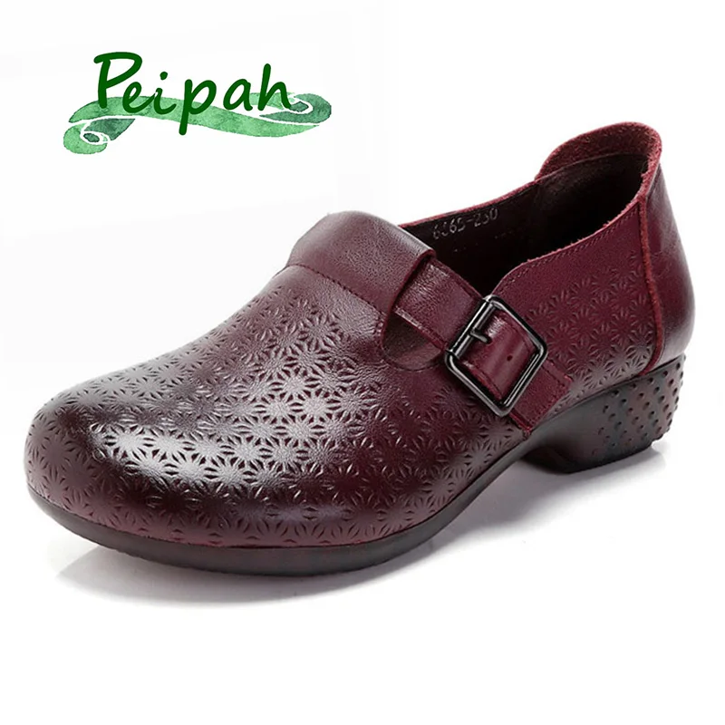 

PEIPAH 2019 Retro Mary Janes Women High Heels Shoes Platform Handmade Genuine Leather Shallow Pumps Women Leather Shoes