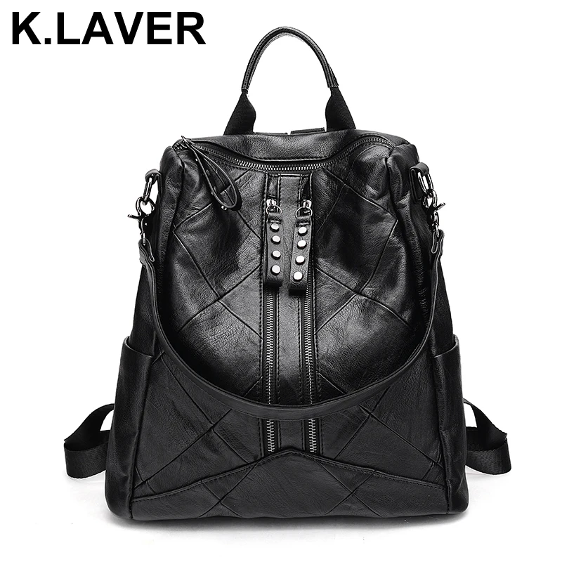 

K.LAVER New Genuine Leather Cowhide Backpacks Women Fashion Bag Rucksacks School Patchwork Backpack For Girls Mochila Brand Bags