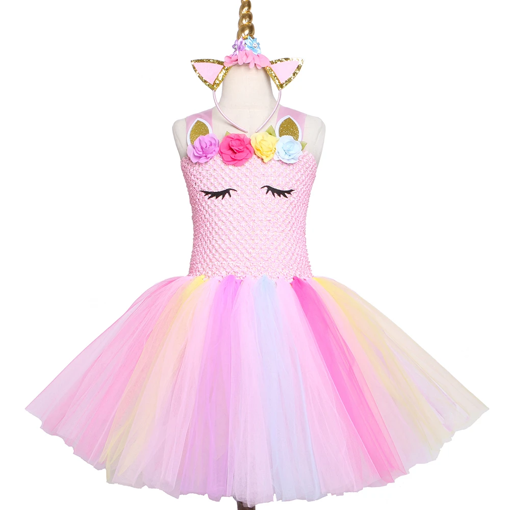 Pink Pastel Unicorn Tutu Dresses for Girls Flower Birthday Party Dress