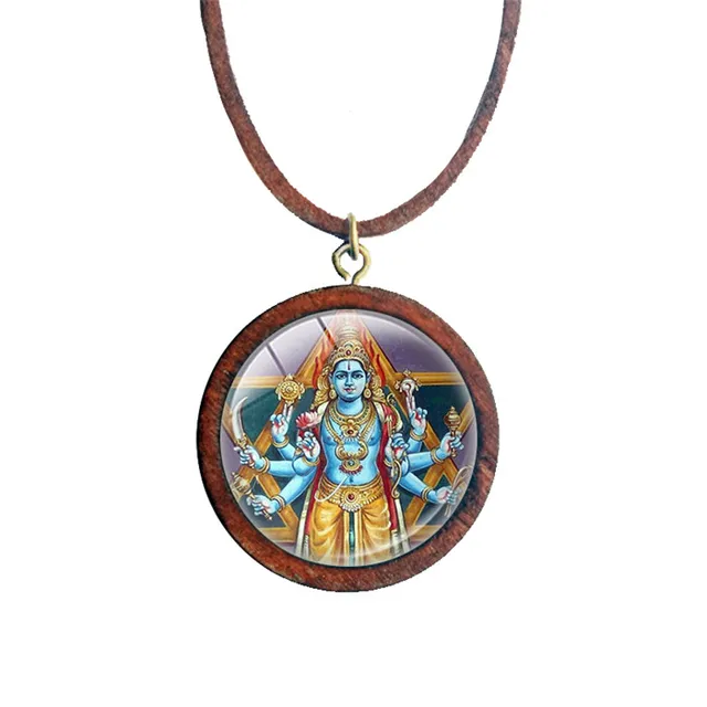 Vishnu Pendant Wood Necklace Indian Hindu God Brahma Vishnu Lord Shiva