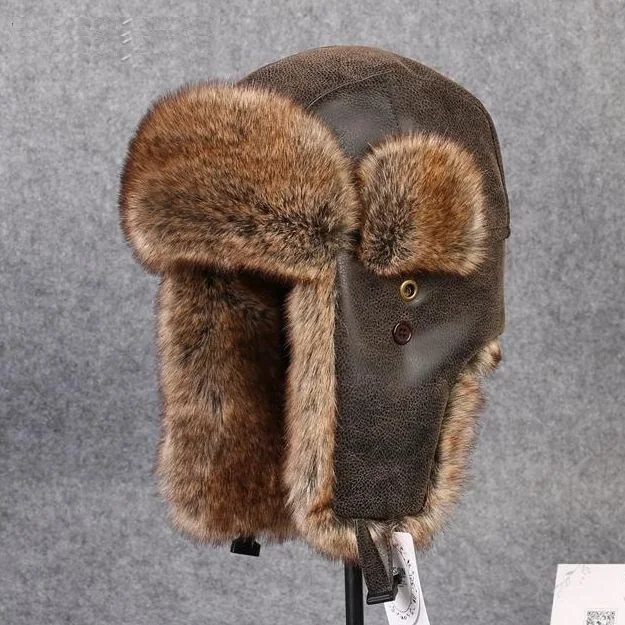 

Men Fur Leather Hat for Winter Imitation Leather Fur Hat with Pom Ear Protect Bomber Hats Russian Ushanka Cap Leifeng Hat B-8431