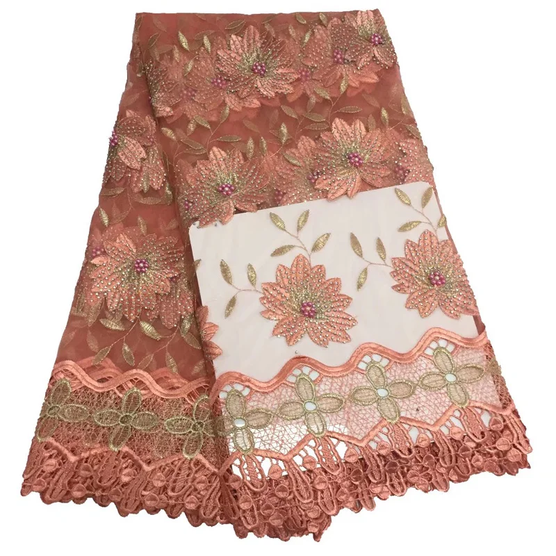 

Free shipping 5yards/pc high quality African tulle lace fabric peach French net lace fabric with lots of beads and stones FLD002