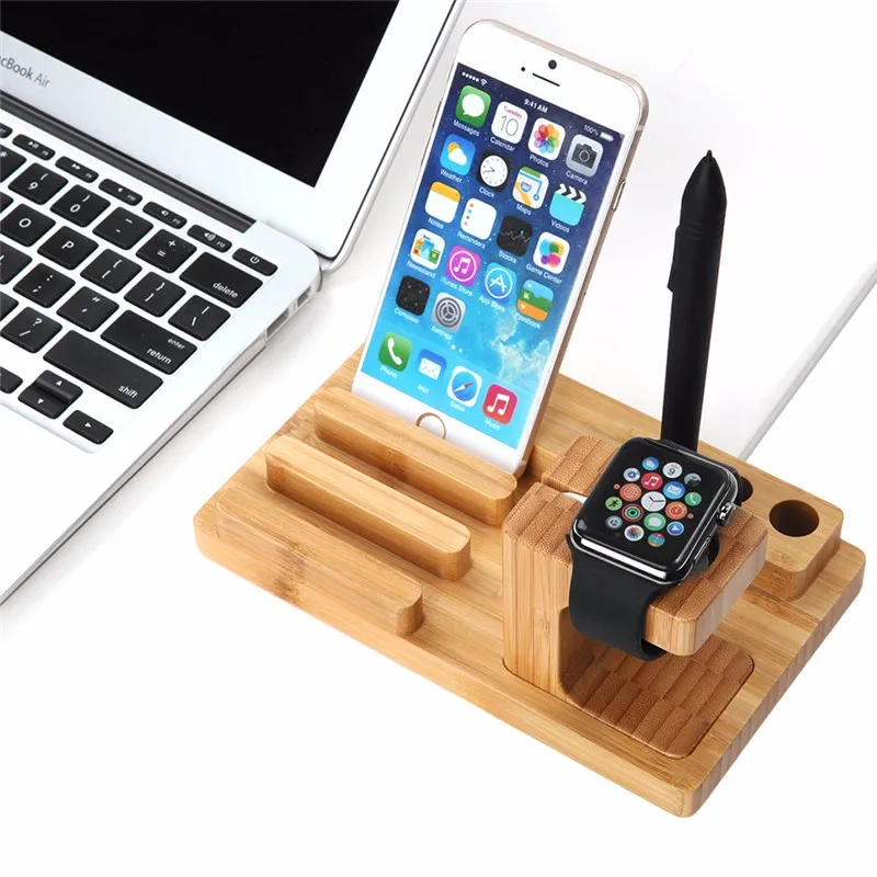 Cell Phone Charger Dock with Watch Bamboo Holder Desk Wood Charging