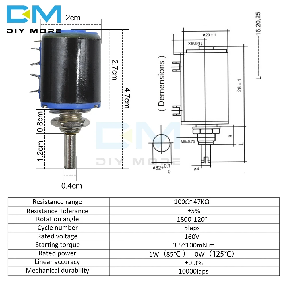 Diymore WXD3-12-1W потенциометр с проволочной обмоткой 5%+ 5%-5% Сопротивление ом 10 поворотов линейный роторный потенциометр Diy Электронный