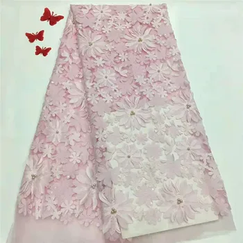 

Pink french lace fabrics Latest elegant 3d appliques tulle mesh lace fabric with beads nigerian lace 5yards HJ1253-1