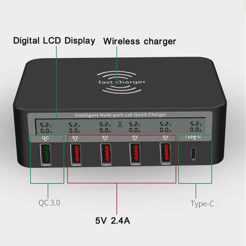 Универсальное беспроводное зарядное устройство 7 в 1 type C Qi 5x USB QC 3,0 Быстрая зарядка с ЖК-дисплеем напряжения тока для телефона планшета ПК