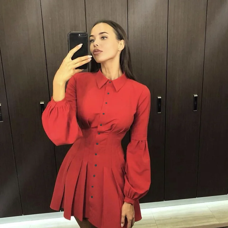 

2019 Spring Summer Women Lantern Sleeve Shirt Dress Cotton Elegant Loose Casual Shirts Dresses Ladies Bodycon Vestidos Red