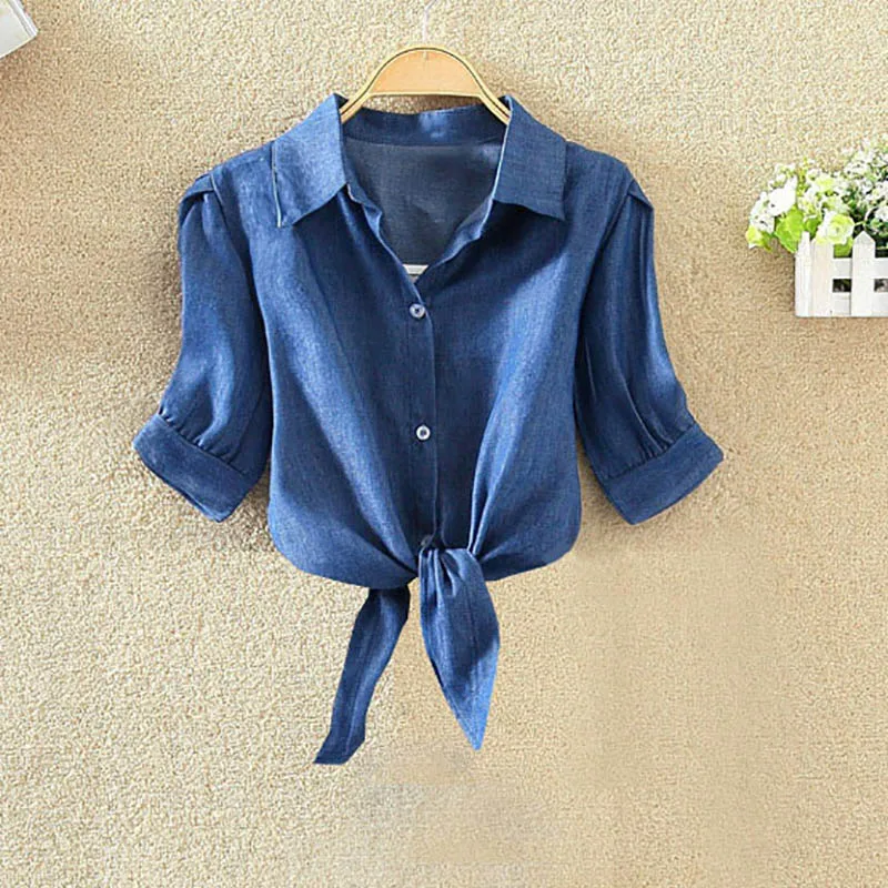 White Bow Tie Plus Size Crop Top Women's Blouse Short Puff Half Sleeve Turn Down Collar Pink Woman Shirts 2019 Casual Female Top