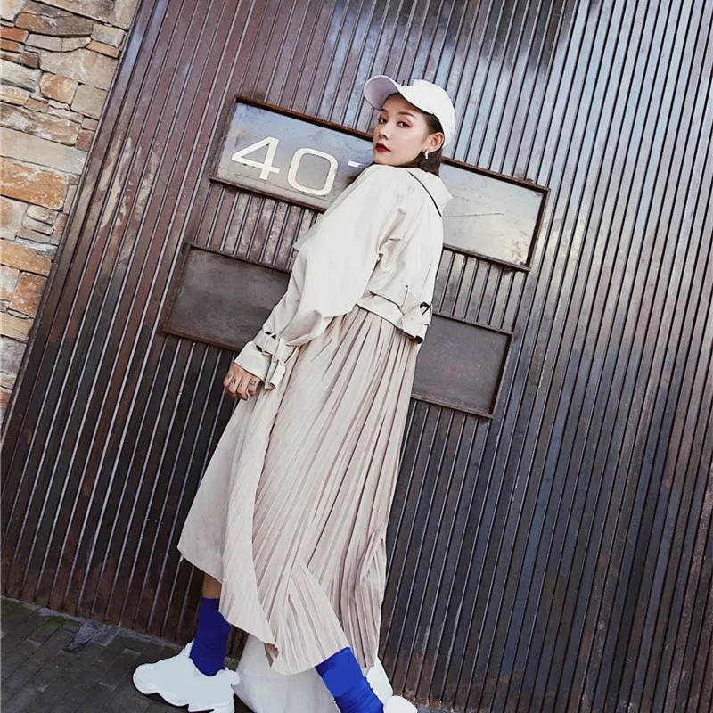 2019 New Women Pleated Trench Coat Pockets Fashion Loose Patchwork Long Windbreaker Female Long Sleeve Big Size Overcoat