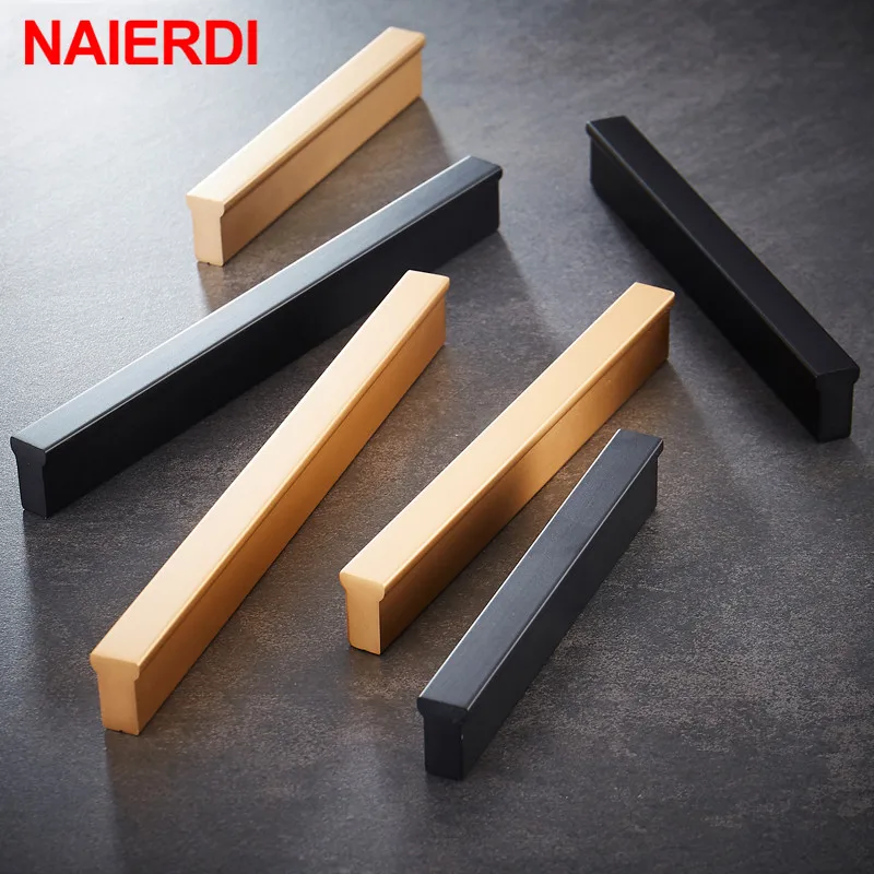 NAIERDI الألومنيوم سبائك الذهب الأسود مقابض للخزانة المطبخ مقابض باب خزانة مقابض للأدراج الحديثة نمط أثاث