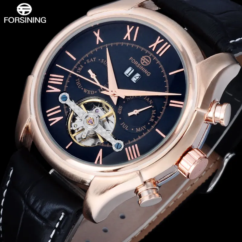 

2017 FORSINING Fashion Casual Brand Watches Men Rose Gold Point Black Dial Watch Automatic Self Wind Clock Roman Numerals Clock