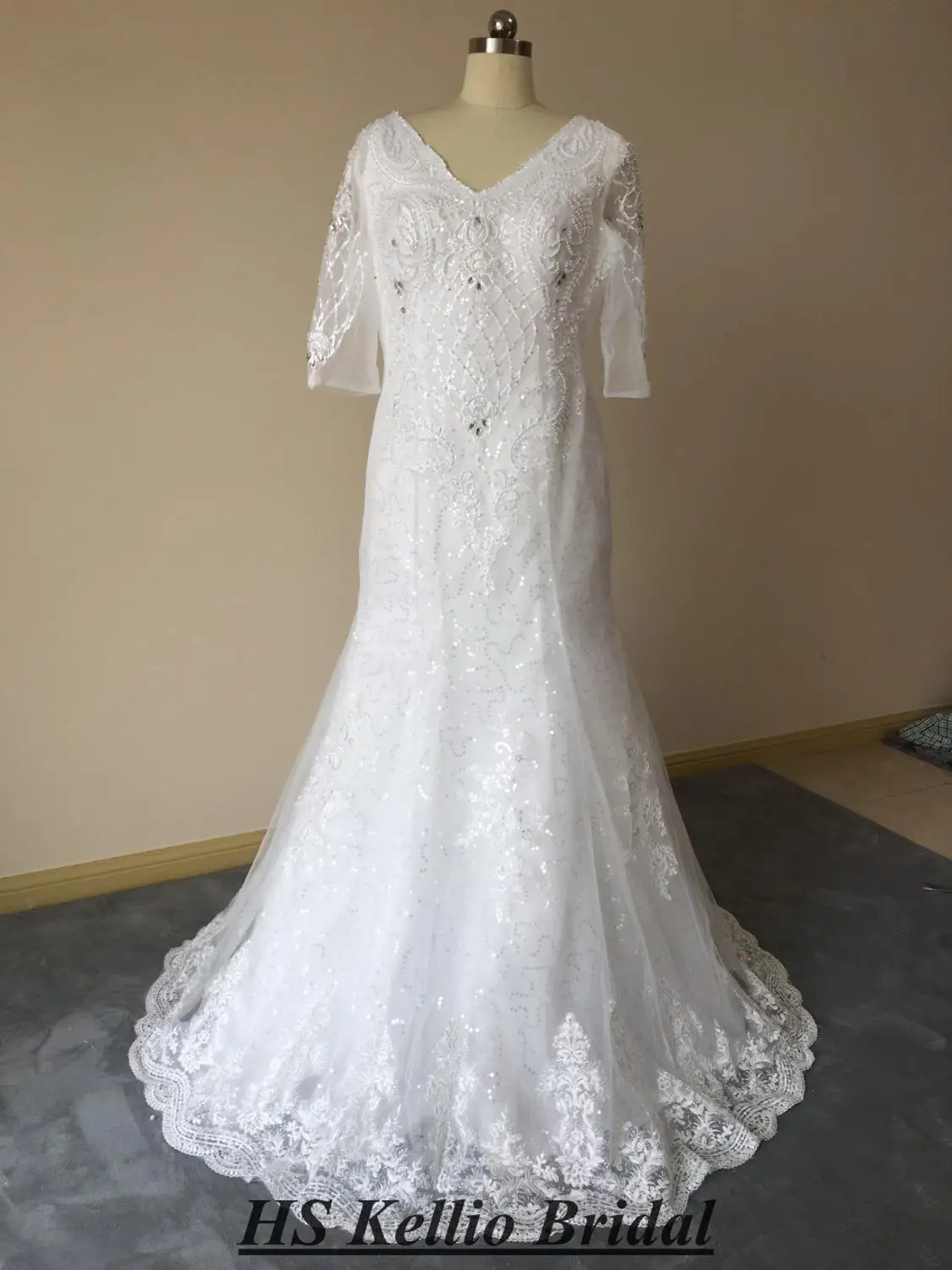 

Vneck Beaded Top Wedding Mermaid Dresses With 3/4 Sleeves Vestido De Novias