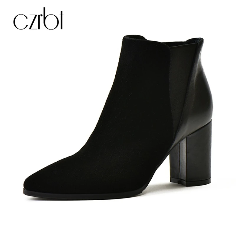 

CZRBT Patchwork Ankle Boots Women Spring Autumn Cow Suede Leather Pointed Toe Black High Heel Boots Thick Heel Chelsea Boots