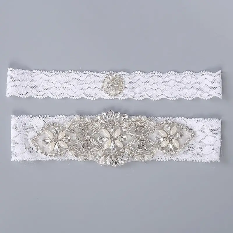 

2Pcs/Set Women Bride Wedding Lace Leg Garter Rhinestone Bead Thigh Ring Stretchy