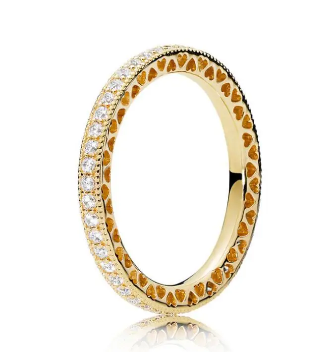 

925 Sterling Silver Pandora Ring Gold Stackable Love Hearts With Crystal Ring For Women Wedding Party Gift Fine Jewelry