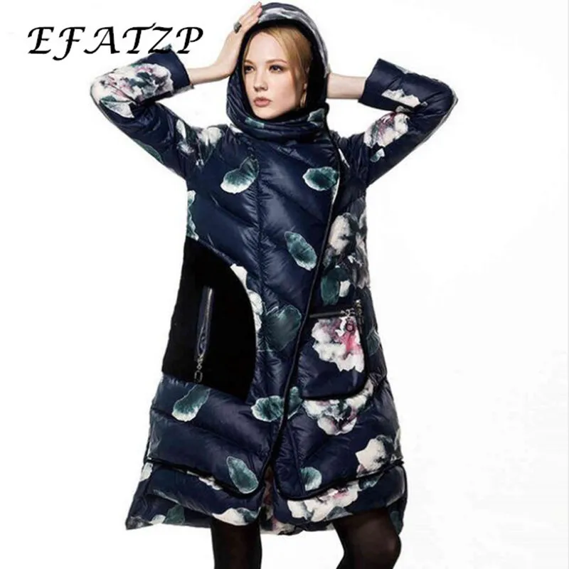

EFATZP Fashion Womens Down Coat CLJ Jackets XXL Winter Long Coat Female Duck Down Jacket Brand Floral Casual Velvet Thick Parka