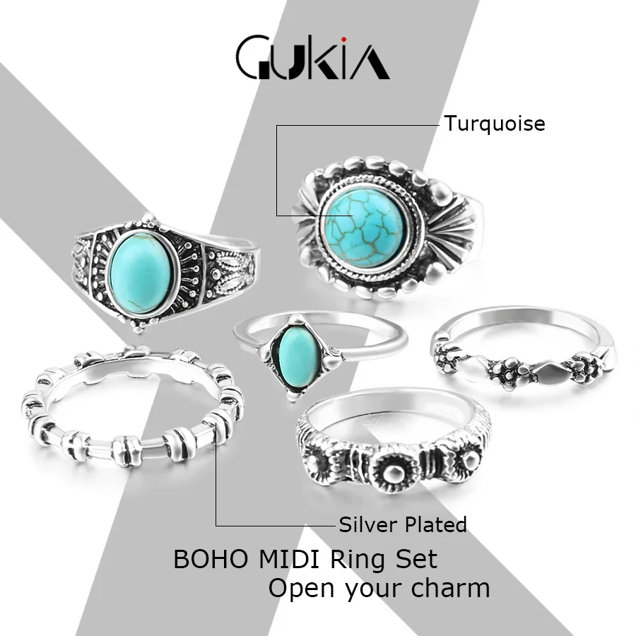 Gukin الأزياء العثماني تركيا ميدي خواتم مجموعة للنساء تصفيح الذهب مختلط حجم Stone6Pcs/مجموعات المفصل خمر حلقة