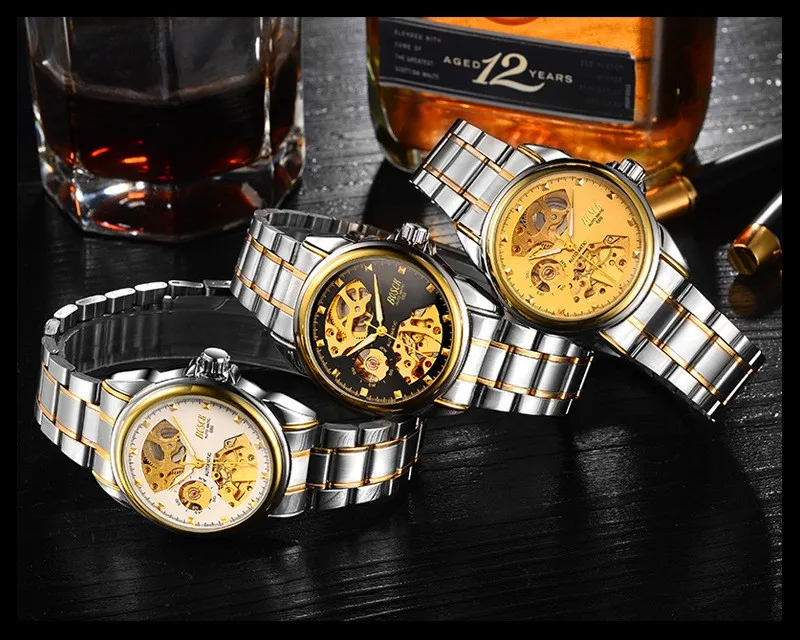 Мужские часы, автоматические механические золотые часы, мужские часы со скелетонным циферблатом, водонепроницаемые спортивные часы Bosck с ремешком из нержавеющей стали
